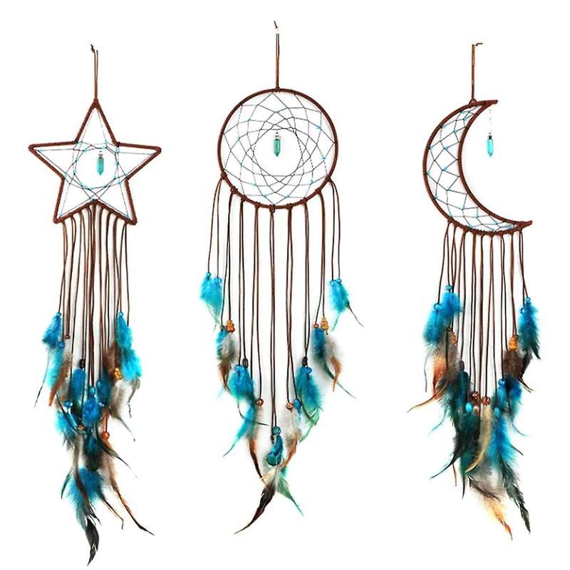 3 Pieces Dream Catcher with Light Moon Star Design Handmade Feather Lucky Turquoise Pendant Beads Wa