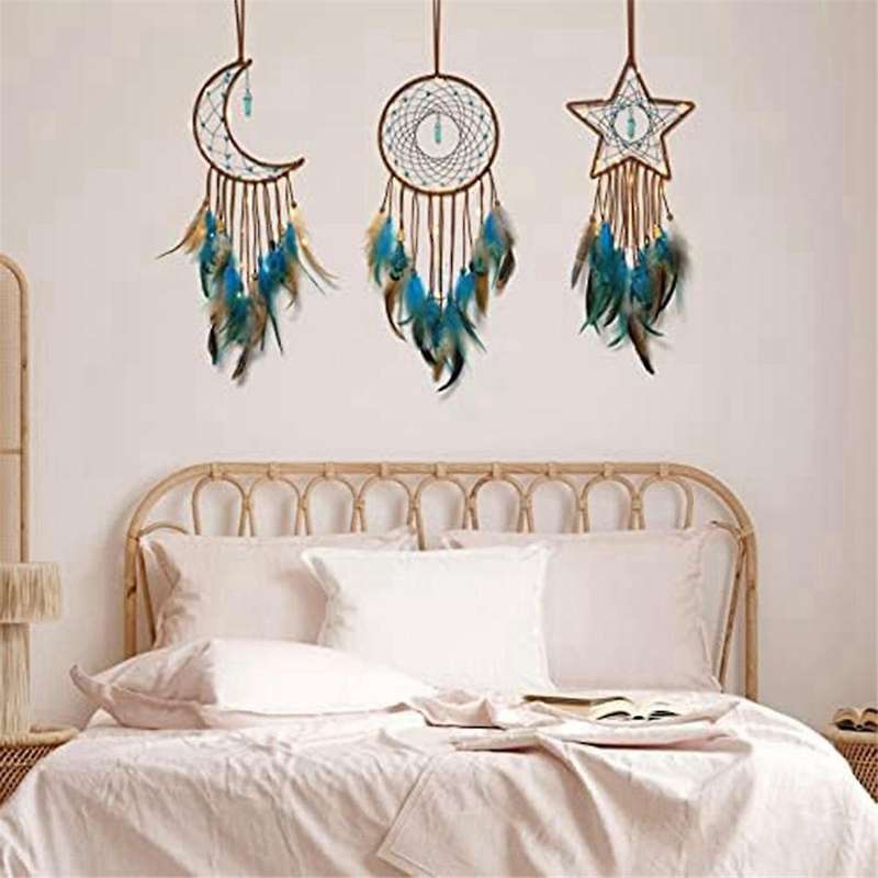 3 Pieces Dream Catcher with Light Moon Star Design Handmade Feather Lucky Turquoise Pendant Beads Wa