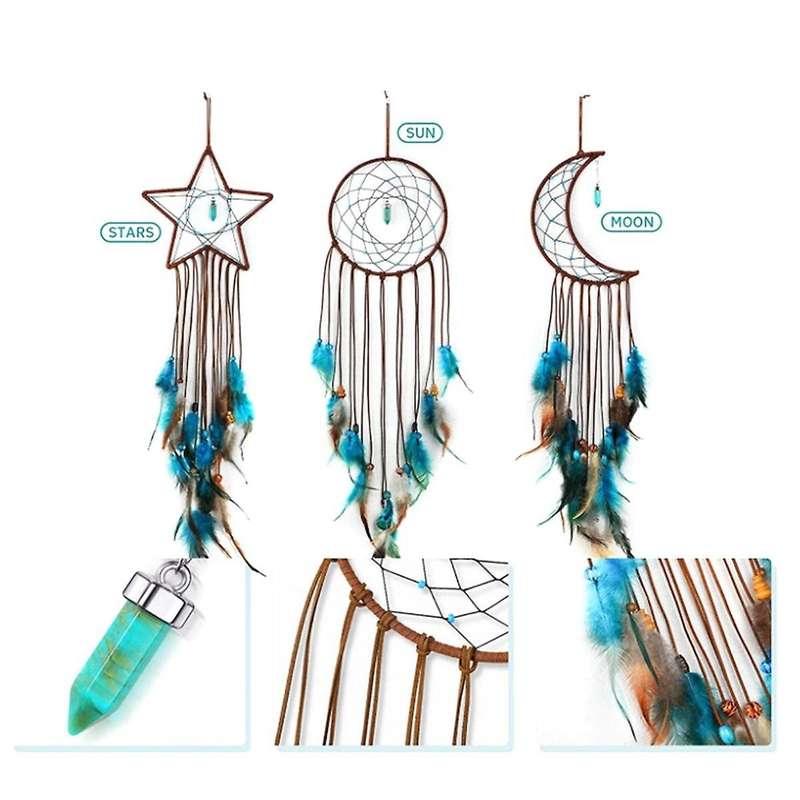 3 Pieces Dream Catcher with Light Moon Star Design Handmade Feather Lucky Turquoise Pendant Beads Wa