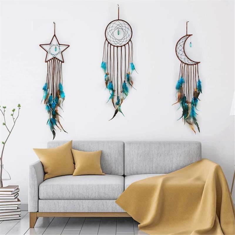 3 Pieces Dream Catcher with Light Moon Star Design Handmade Feather Lucky Turquoise Pendant Beads Wa