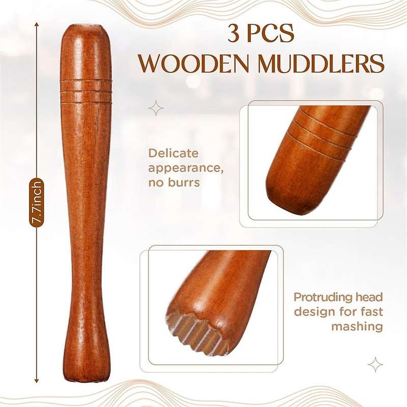 3 Pieces Wooden Muddler for Cocktails, Cocktail Muddler 7.7Inch Long Mojito Muddler Bar Wood Ice Cru