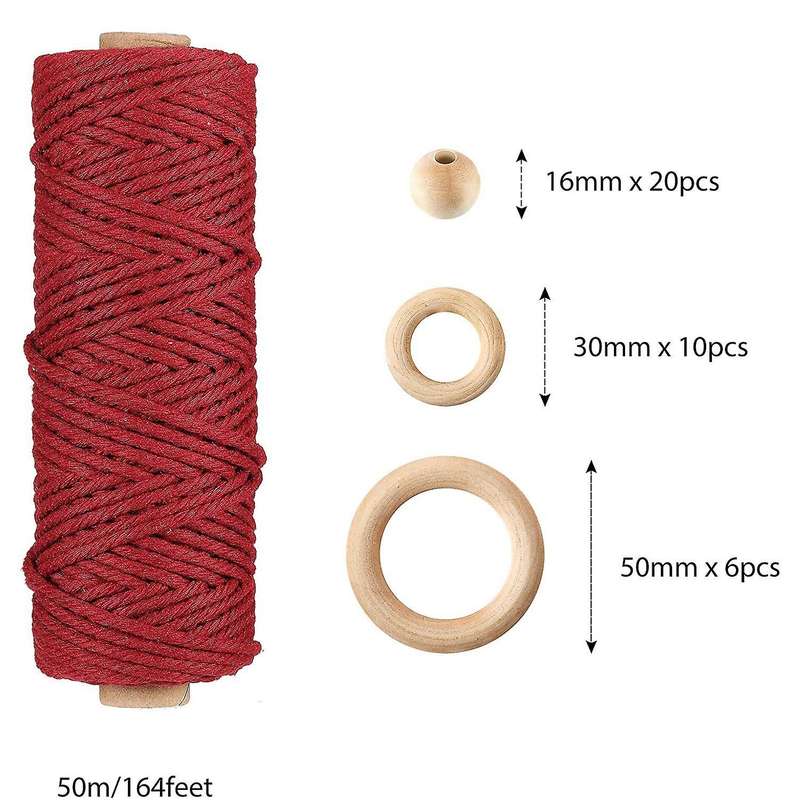 3 Rolls Macrame Cotton Cord,Twine Macrame Rope with Stick Wooden Beads Wood Rings for Wall Hanging C