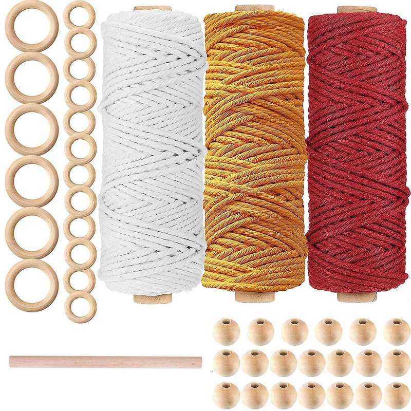 3 Rolls Macrame Cotton Cord,Twine Macrame Rope with Stick Wooden Beads Wood Rings for Wall Hanging C