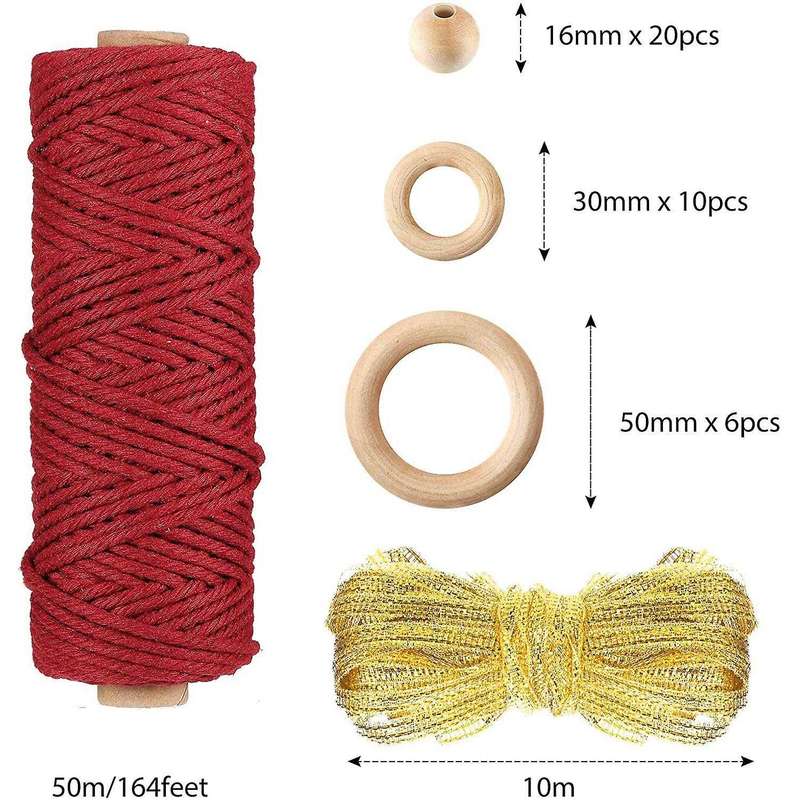 3 Rolls Macrame Cotton Cord,Twine Macrame Rope with Ribbons Wooden Beads Wood Rings for Wall Hanging