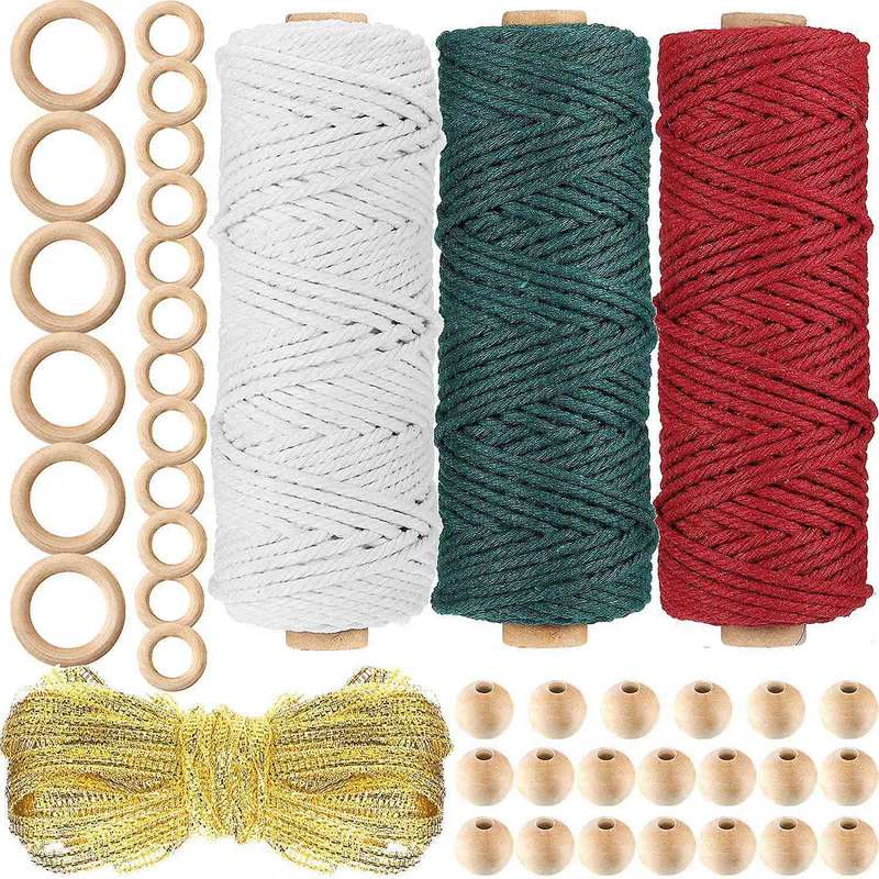 3 Rolls Macrame Cotton Cord,Twine Macrame Rope with Ribbons Wooden Beads Wood Rings for Wall Hanging