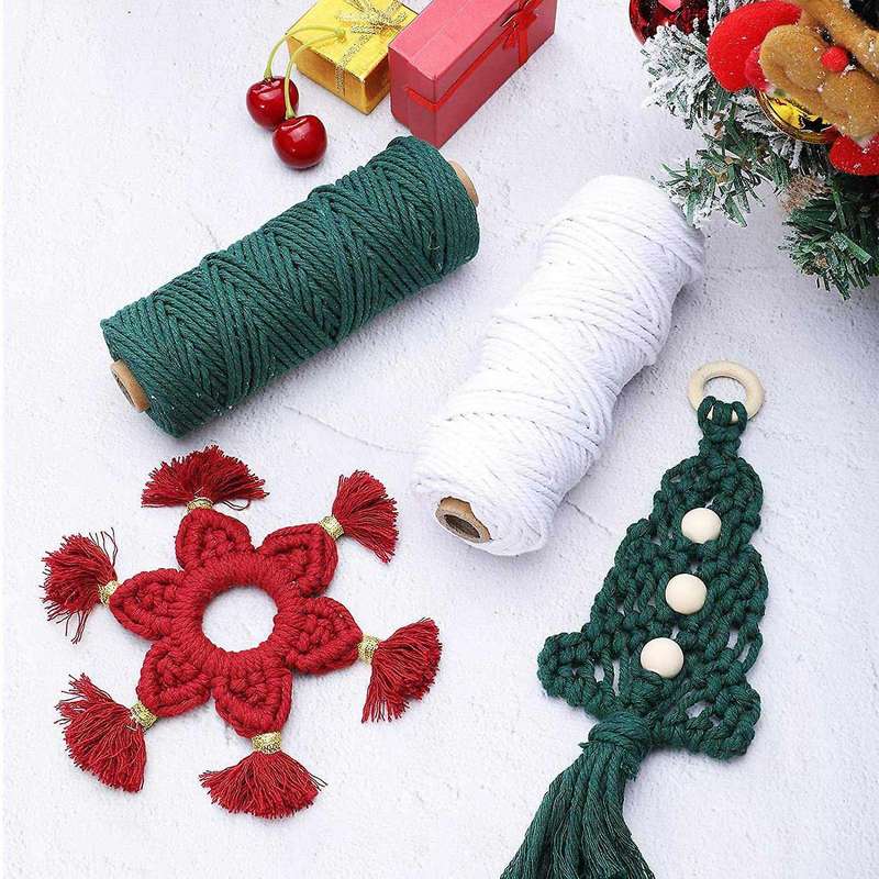 3 Rolls Macrame Cotton Cord,Twine Macrame Rope with Ribbons Wooden Beads Wood Rings for Wall Hanging