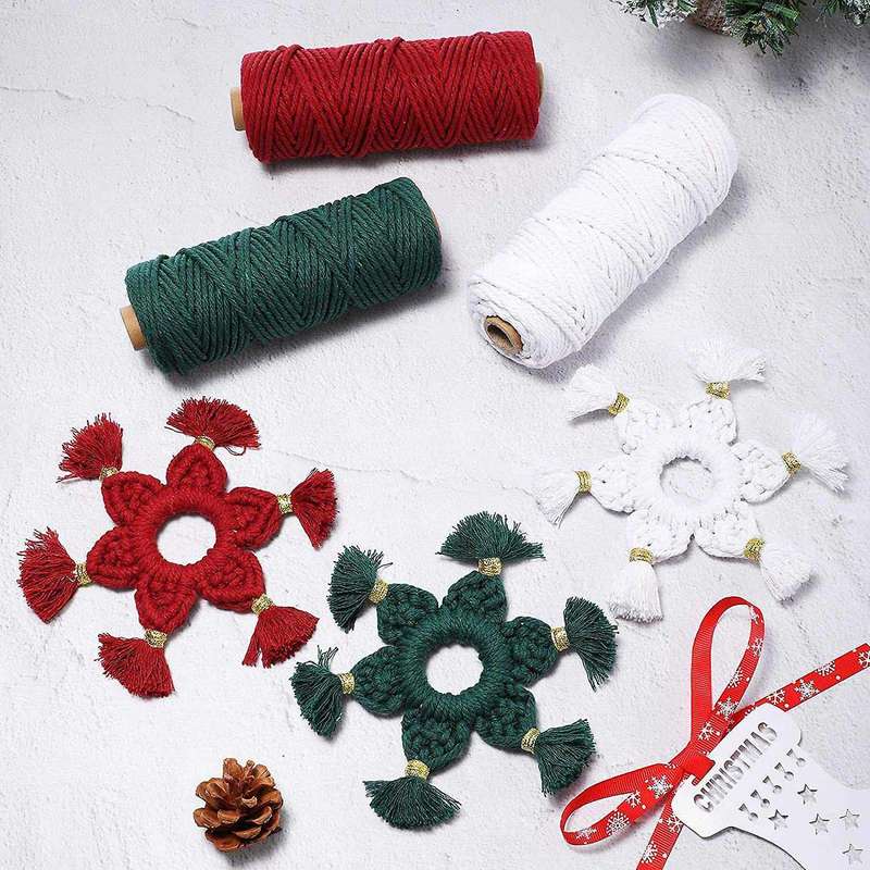 3 Rolls Macrame Cotton Cord,Twine Macrame Rope with Ribbons Wooden Beads Wood Rings for Wall Hanging
