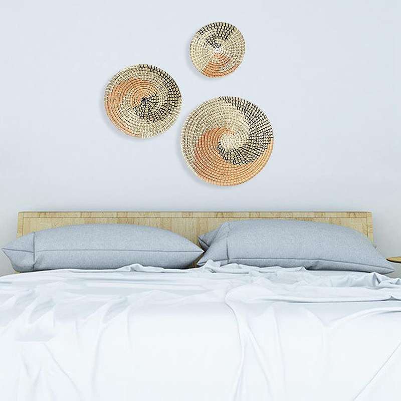 3 Set of Wall Decor Seaweed Baskets Woven Seagrass Hanging Flat Baskets Ornament Boho Round Baskets