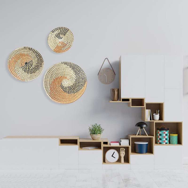 3 Set of Wall Decor Seaweed Baskets Woven Seagrass Hanging Flat Baskets Ornament Boho Round Baskets
