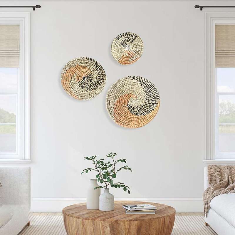 3 Set of Wall Decor Seaweed Baskets Woven Seagrass Hanging Flat Baskets Ornament Boho Round Baskets