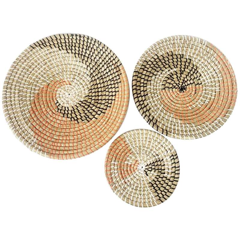 3 Set of Wall Decor Seaweed Baskets Woven Seagrass Hanging Flat Baskets Ornament Boho Round Baskets