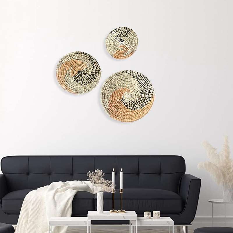 3 Set of Wall Decor Seaweed Baskets Woven Seagrass Hanging Flat Baskets Ornament Boho Round Baskets