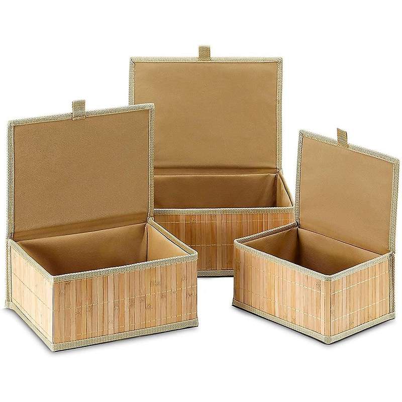 3 Storage Baskets with Lids-Bamboo Decorative Storage Boxes for Organization-Wicker Lid Basket with