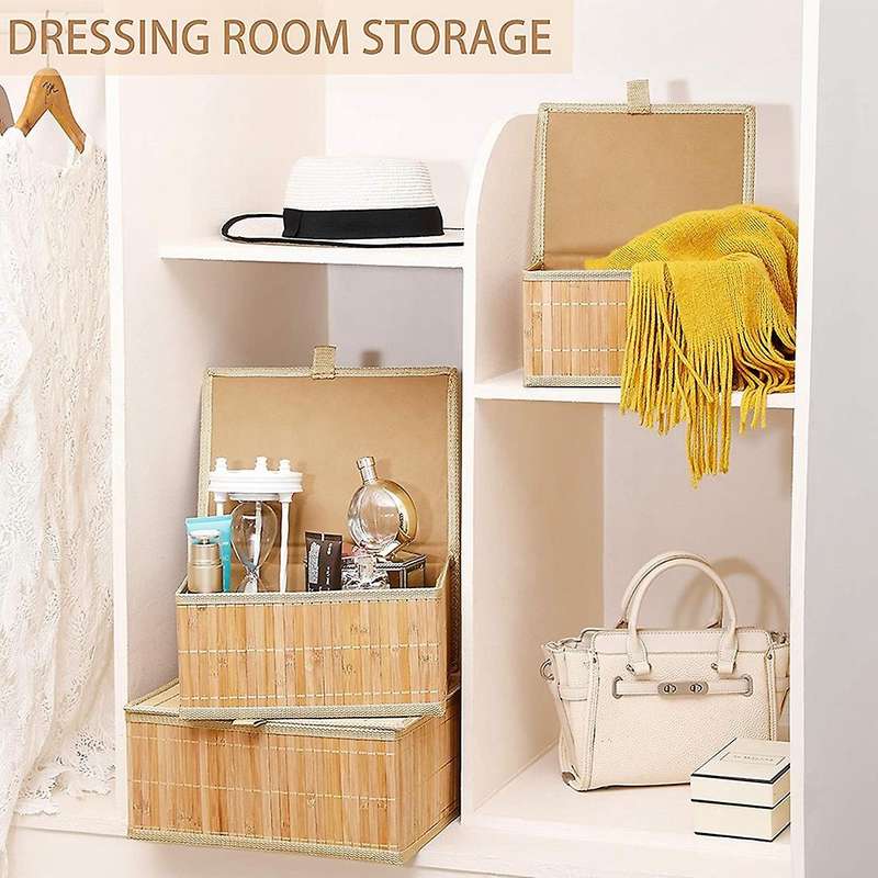 3 Storage Baskets with Lids-Bamboo Decorative Storage Boxes for Organization-Wicker Lid Basket with