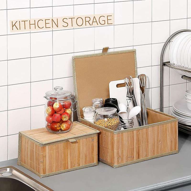 3 Storage Baskets with Lids-Bamboo Decorative Storage Boxes for Organization-Wicker Lid Basket with