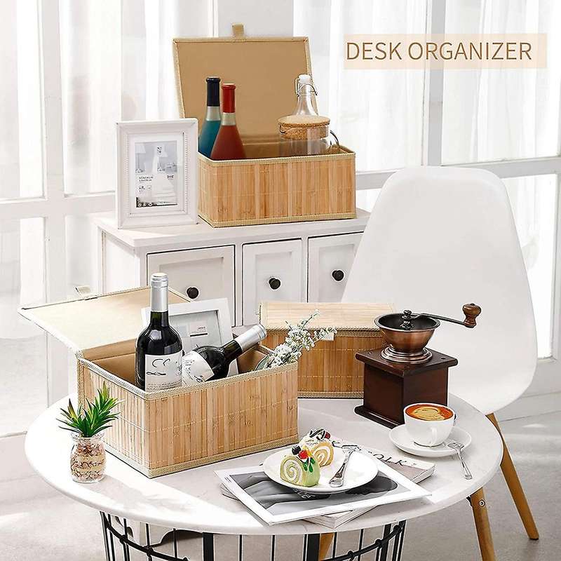 3 Storage Baskets with Lids-Bamboo Decorative Storage Boxes for Organization-Wicker Lid Basket with