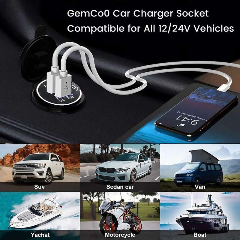 3.0 Dual USB Car Charger 12V 36W USB Fast Charger with Switch Green