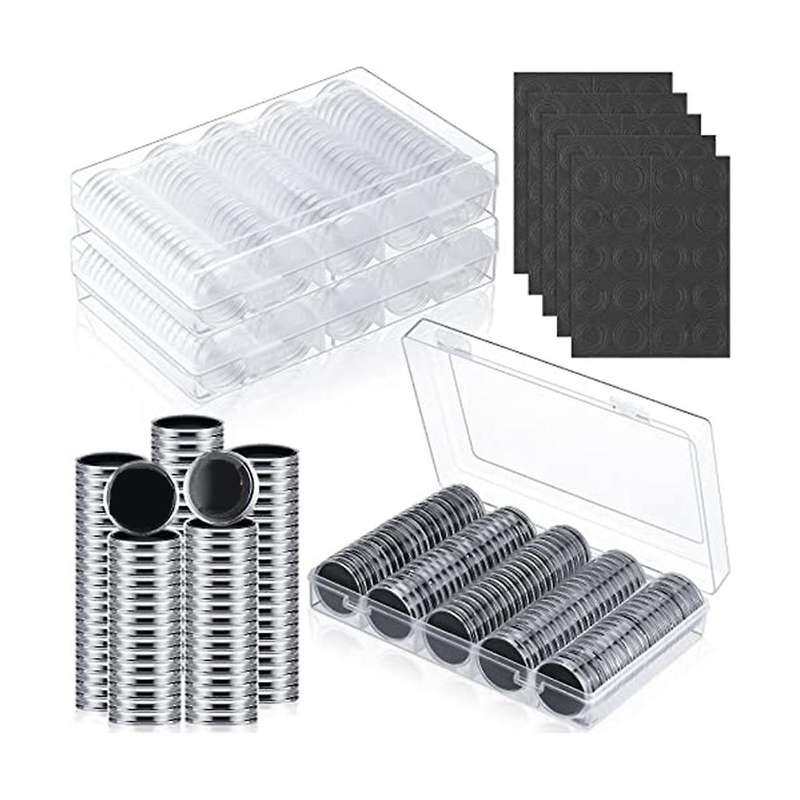 300 Pcs 30 Mm Coin Capsules with Black Protect Gasket Foam 5 Sizes (17/19/21.5/25/27/30mm) Coin Hold
