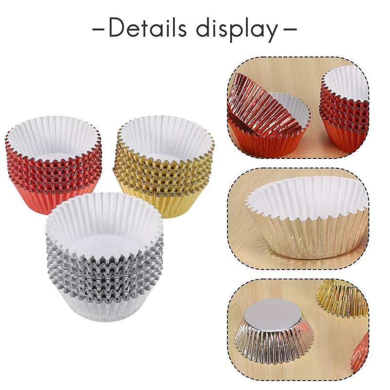 300 Pieces Foil Metallic Cupcake Liners Muffin Paper Cases Baking Cups, Gold, Silver and Gold, 2-in