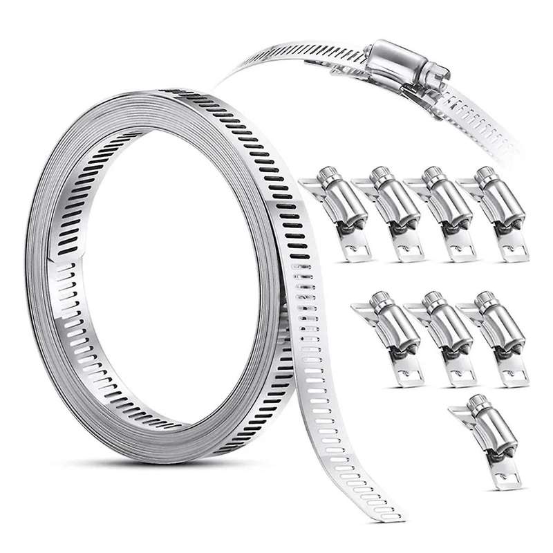 304 Stainless Steel 3.5m Hose Clamp Strap with 8 Fasteners Worm Clamp Adjustable Worm Gear Pipe Duct