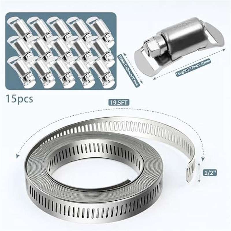 304 Stainless Steel Hose Clamps-for Diy, Cut-to-fit 19.5 Ft Strap+15 Fasteners Kit Adjustable Worm