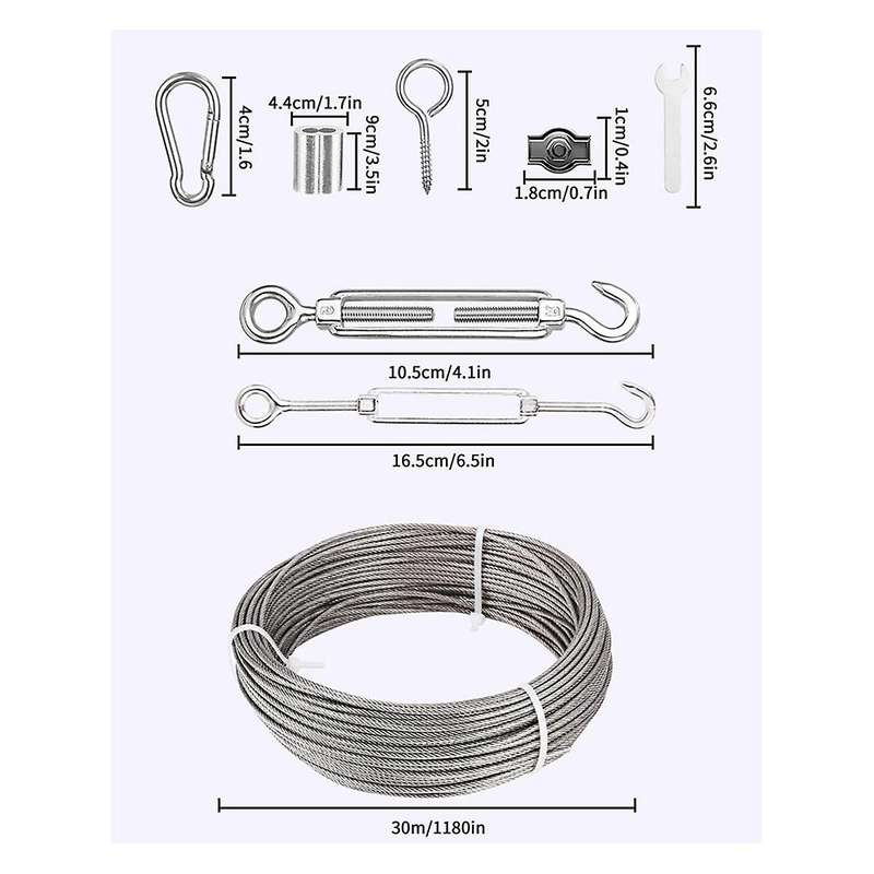 30M 2mm Wire Rope,Stainless Steel Garden Wire,with Turnbuckle Wire Tensioner,for Climbing Plants,Fen