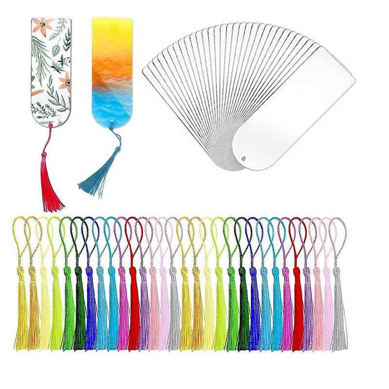 30PCS Acrylic Bookmark Blanks, Clear Acrylic Craft Bookmarks with Colorful Tassels, for DIY Crafts H