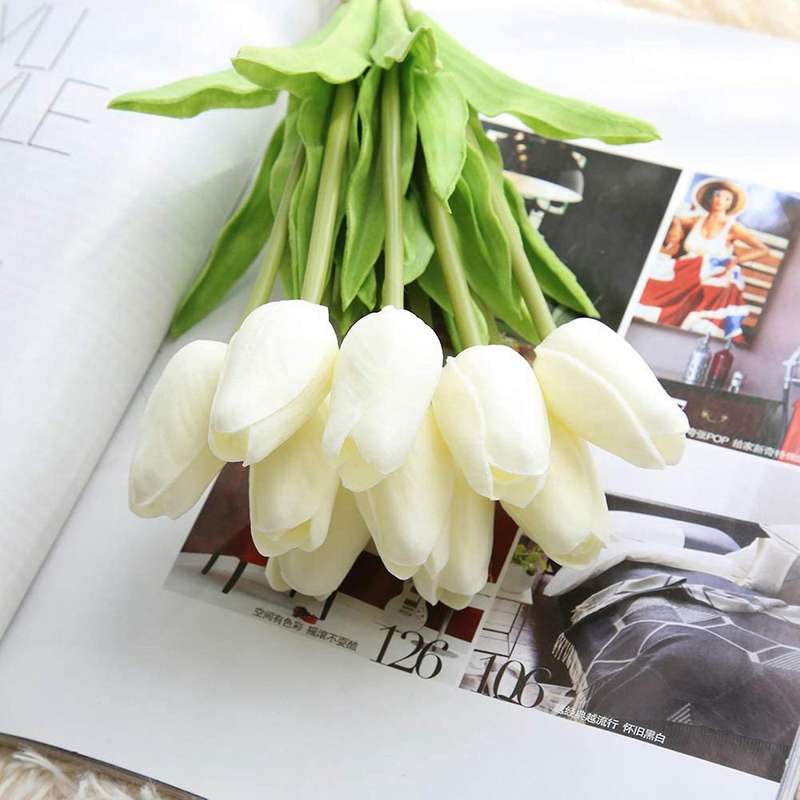 30pcs Artificial Tulips Flowers Real Touch Tulips Pu Bouquet Latex Flower White (white)