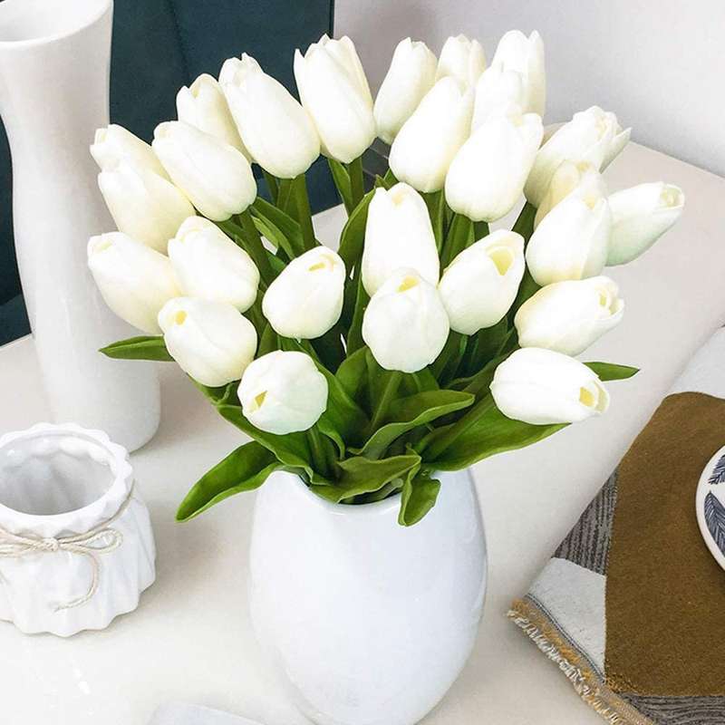 30pcs Artificial Tulips Flowers Real Touch Tulips Pu Bouquet Latex Flower White (white)