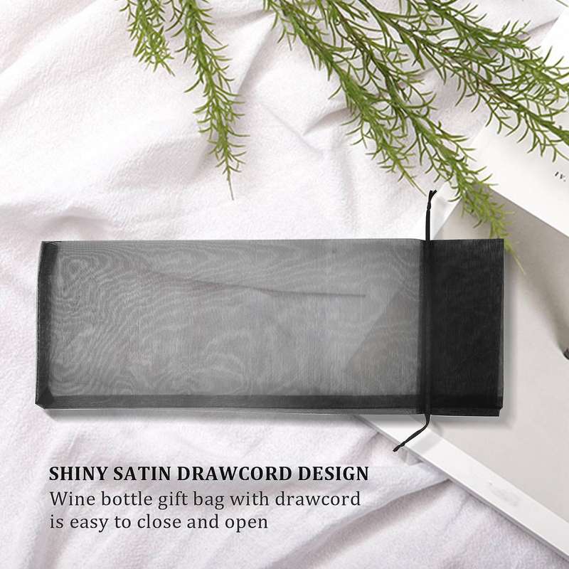 30Pcs Black Organza Wine Bottle Bags, Sheer Mesh Bottle Gift Pouches Wine Covers Dresses with Drawst
