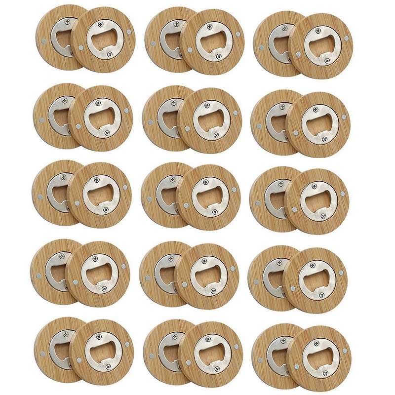 30pcs Diy Bamboo Round Shape Bottle Openers Coaster Fridge Magnet Refrigerator Sticker Bar Decoratio