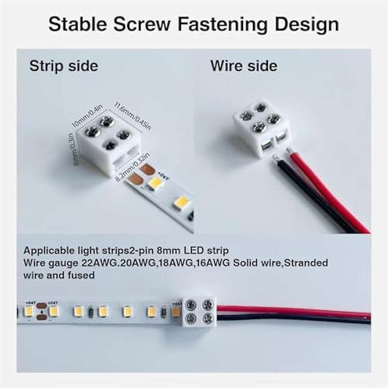30PCS Led Strip Light Connectors Solderless 2Pin 8mm LED Connectors Strip to Wire for 5-24v Single C