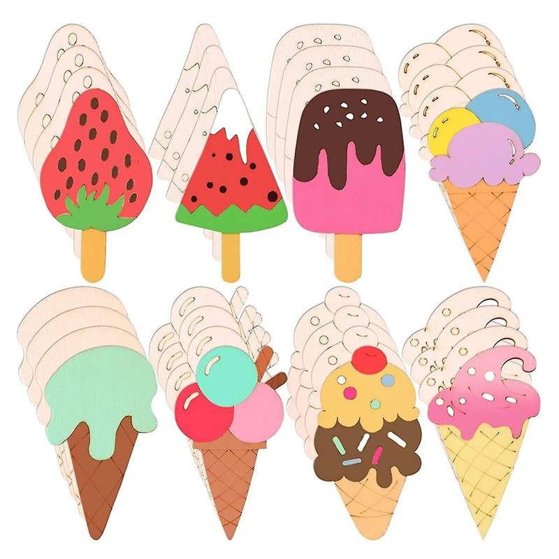 32 Pcs Unfinished Ice Cream Wooden Cutouts,8 Styles Ice Cream Wood Slices Unfinished Wood for DIY Cr