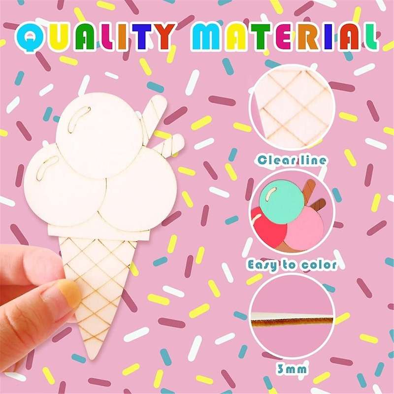 32 Pcs Unfinished Ice Cream Wooden Cutouts,8 Styles Ice Cream Wood Slices Unfinished Wood for DIY Cr