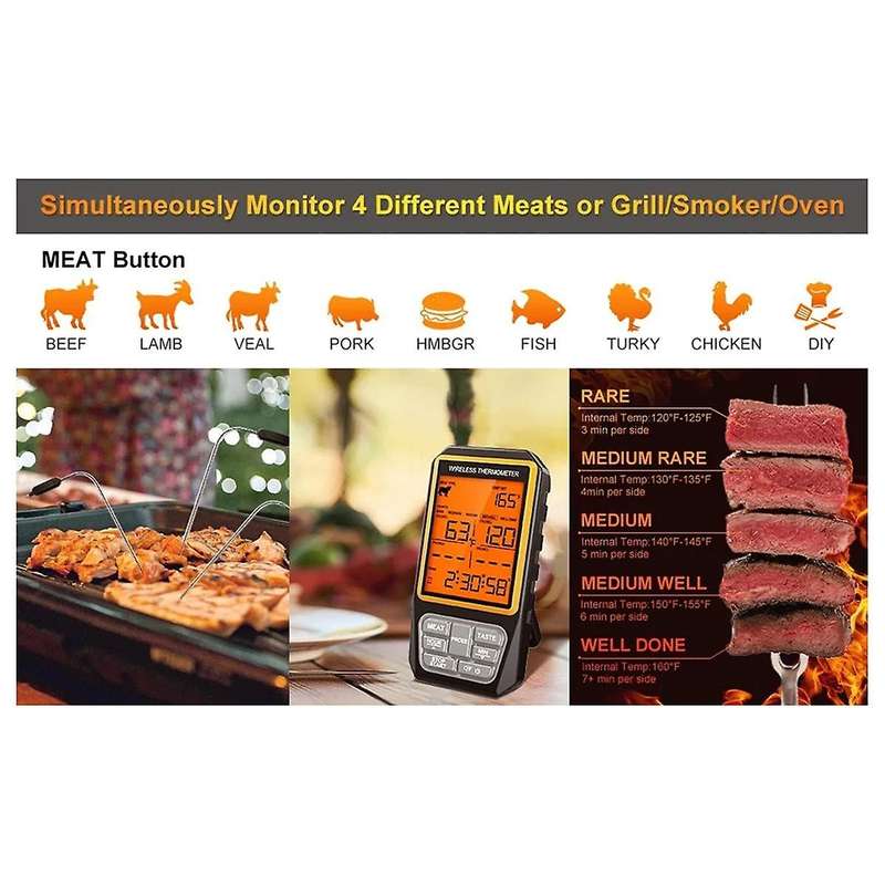 328ft Wireless Meat Thermometer for Grilling Smoker Bbq Oven Digital Food Kitchen Thermometer with 4
