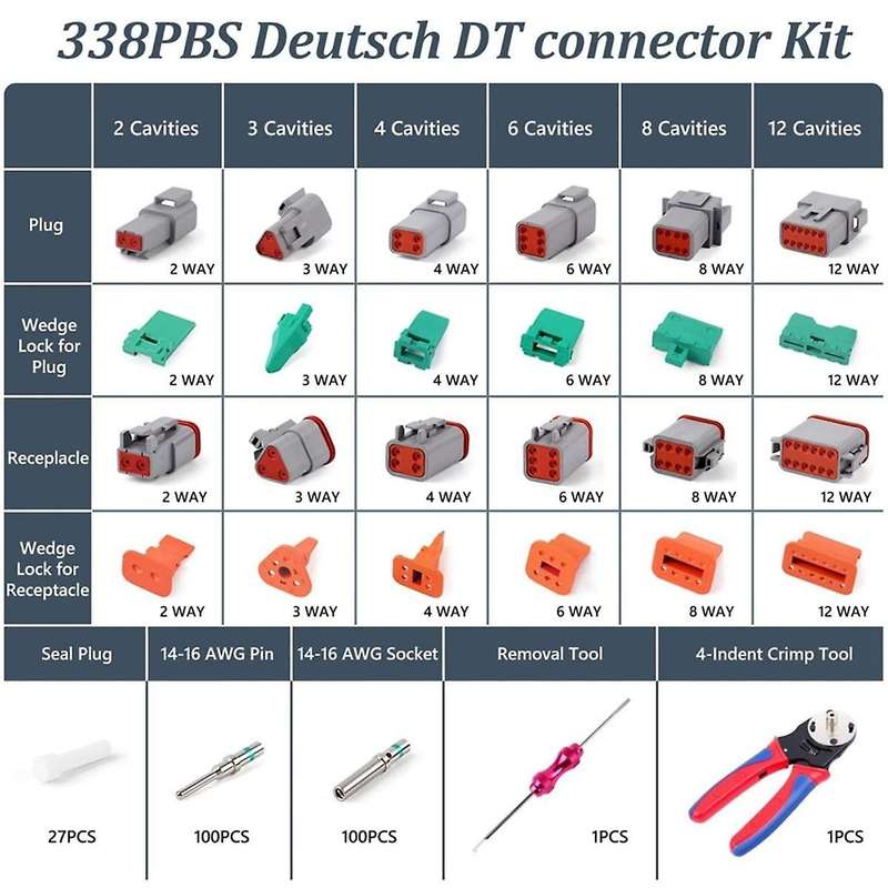 338Pcs Dt Deutsch Connector Kit - 2 3 4 6 8 12 Pin Connectors, Crimping Tool, Removal Tool, Car Ele