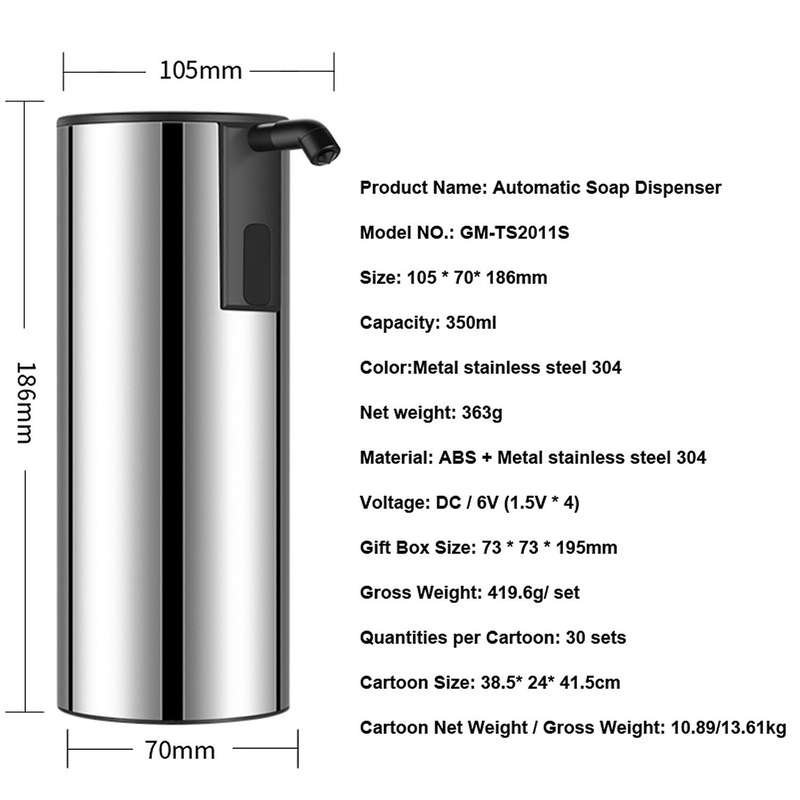 350ML Automatic Soap Dispenser,Four-Speed Adjustable Stainless Steel Soap Dispenser,Infrared Sensor