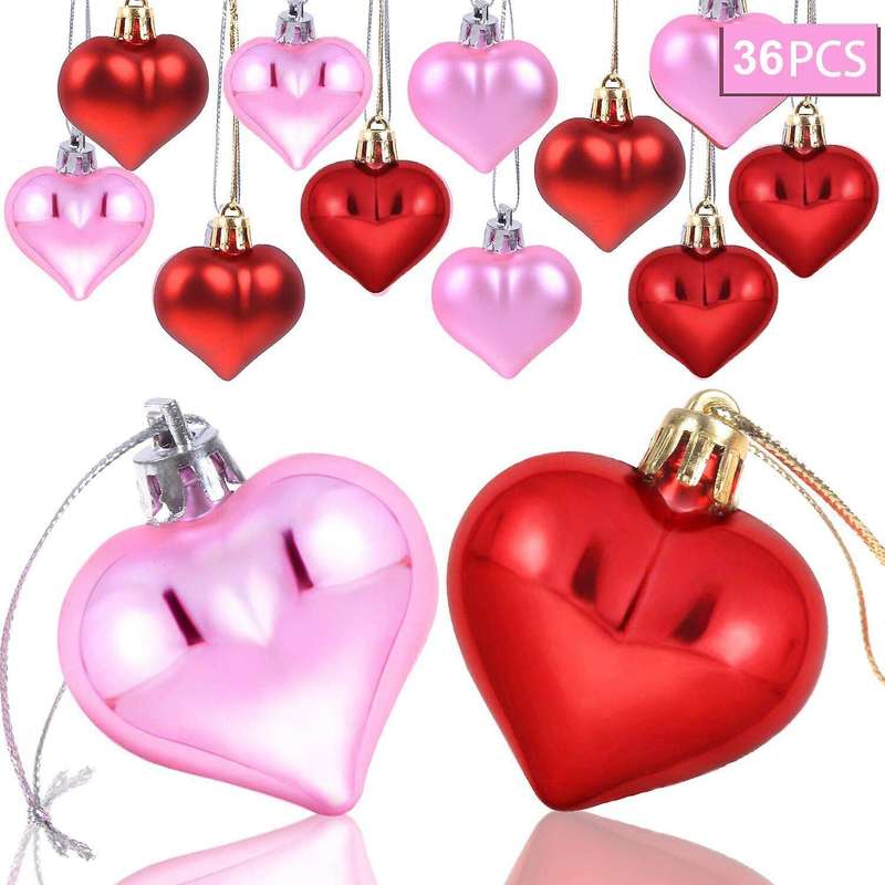 36 Pieces Heart Baubles Heart Valentine's Day Decorations Tree Baubles Heart Decor Ornaments for Ne
