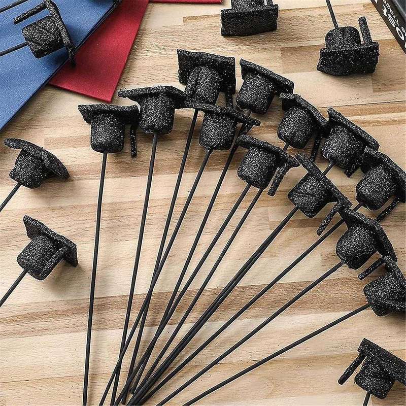 36 Pcs Graduation Cap Glitter Picks Foam Hat Picks for Grad Party Table Centerpiece Vase Filler Dec