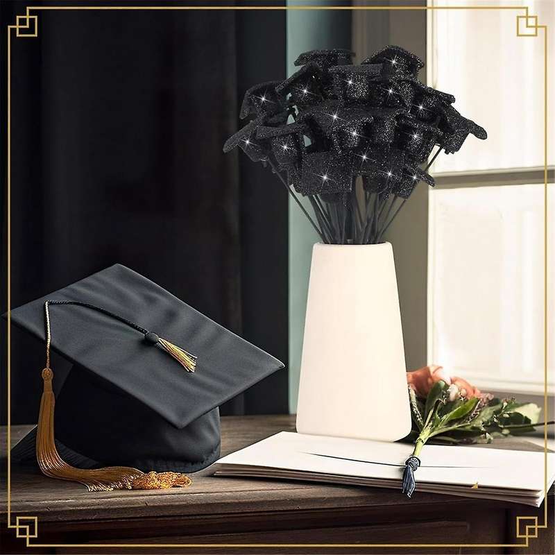 36 Pcs Graduation Cap Glitter Picks Foam Hat Picks for Grad Party Table Centerpiece Vase Filler Dec