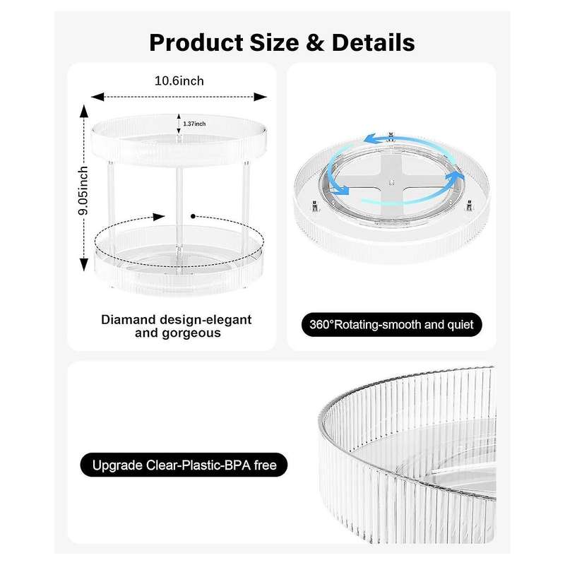 360 Clear Rotating Storage Tray, 2 Tier Lazy Bathroom Countertop Organizer, Cosmetics and Perfume Or