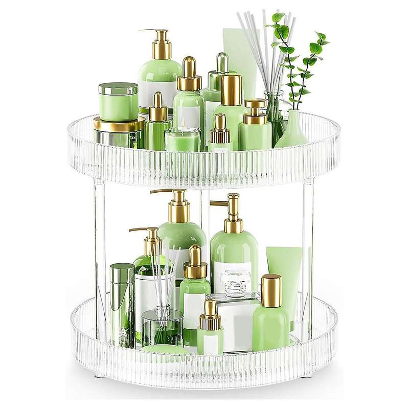 360 Clear Rotating Storage Tray, 2 Tier Lazy Bathroom Countertop Organizer, Cosmetics and Perfume Or