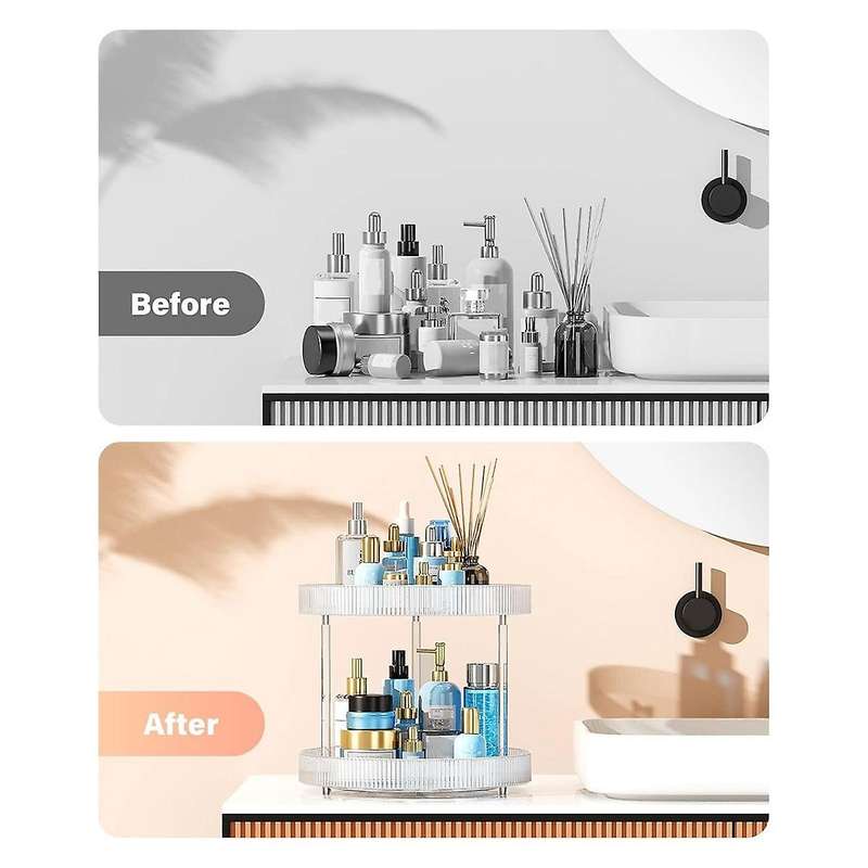 360 Clear Rotating Storage Tray, 2 Tier Lazy Bathroom Countertop Organizer, Cosmetics and Perfume Or