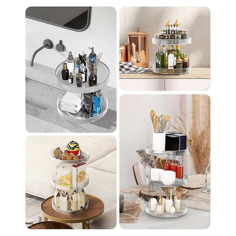 360 Clear Rotating Storage Tray, 2 Tier Lazy Bathroom Countertop Organizer, Cosmetics and Perfume Or