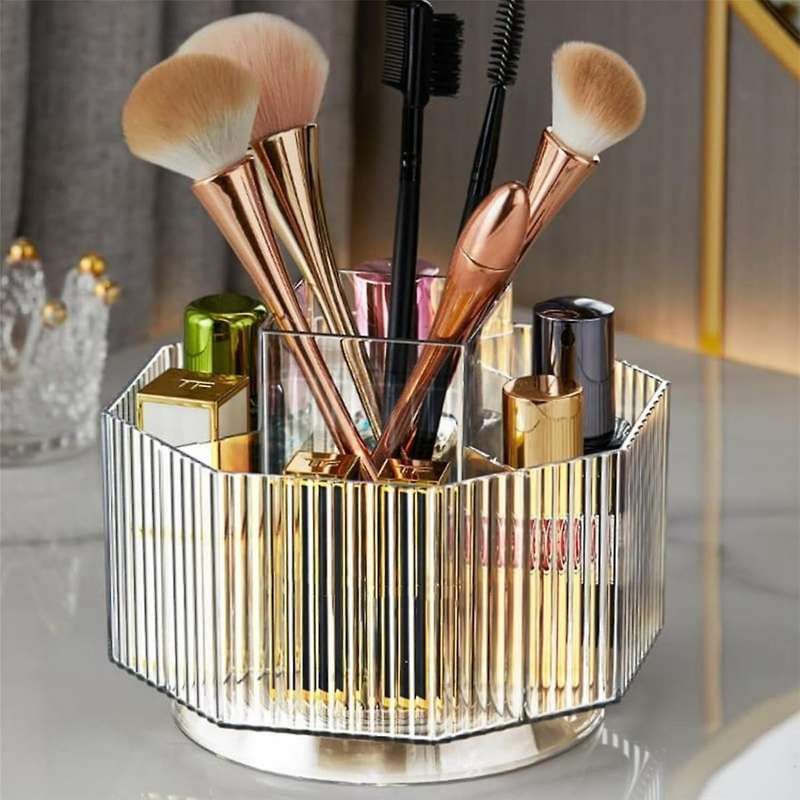 360 Rotating Makeup Organizer, Spinning Makeup Brush Holder with 5 Slot Cosmetic Display Case Skin C