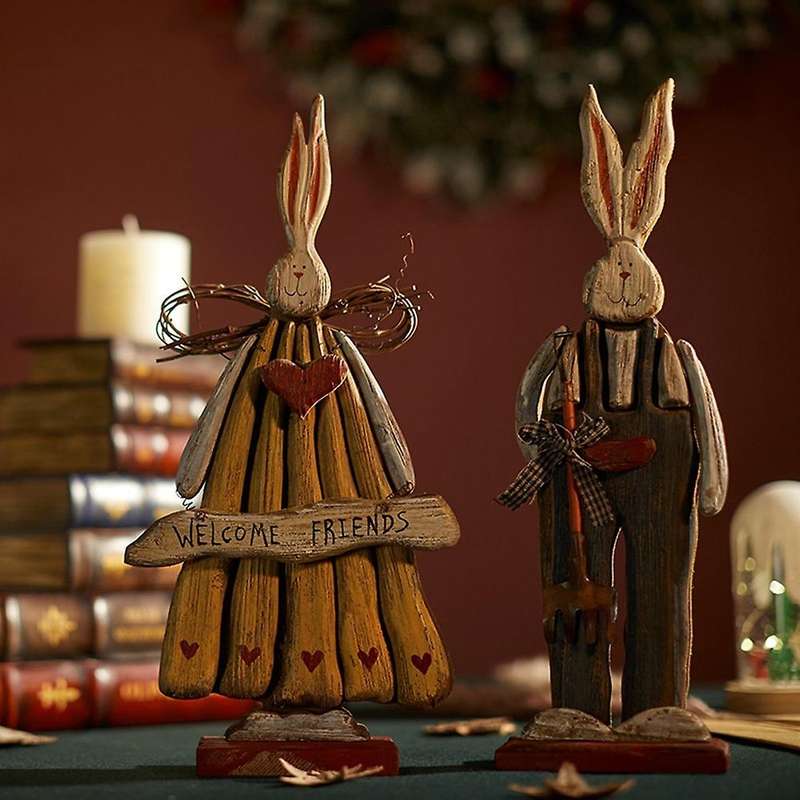 37cm Easter Wooden Old Bunny Ornaments Tabletop Decor for Bedroom Living Room Small Figurines Christ