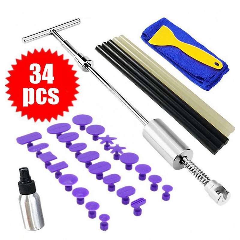 38cm 34Pcs Car Paint-Free Dent Repair Tool Kit Car Dent Puller Slide Hammer with T- Repair Tool