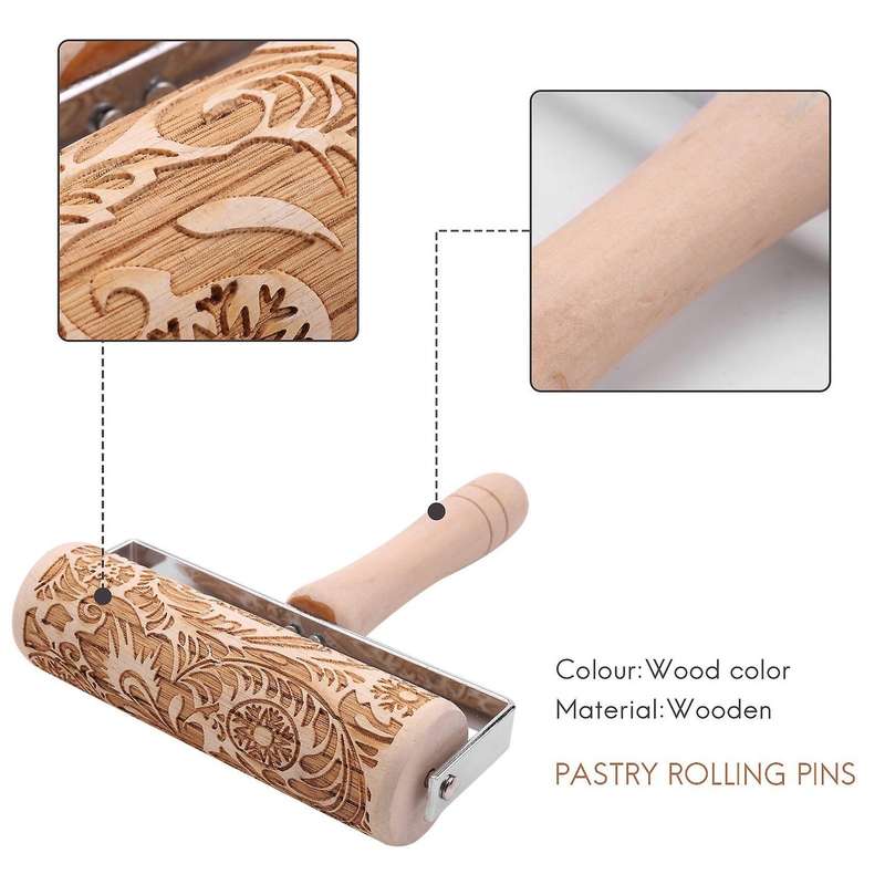 3d Engraved Rolling Pin Natural Wood Roller Pin with Classic Pattern for Kids Dough & Fondant Cooki