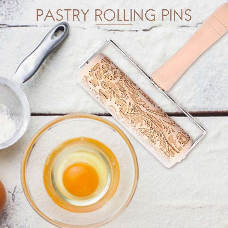 3d Engraved Rolling Pin Natural Wood Roller Pin with Classic Pattern for Kids Dough & Fondant Cooki