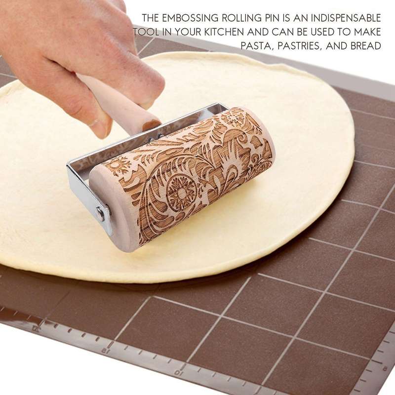 3d Engraved Rolling Pin Natural Wood Roller Pin with Classic Pattern for Kids Dough & Fondant Cooki